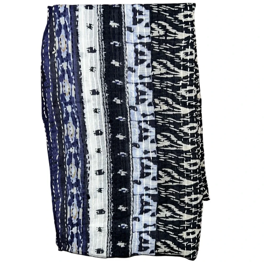 J.Jill Navy Blue Multi Ikat Kantha Stitch Infinity Scarf Lightweight Loop